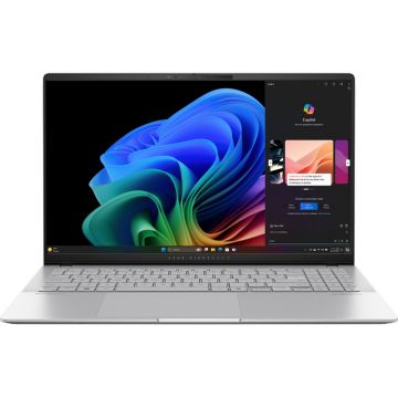 Laptop ASUS 15.6'' Vivobook S 15 OLED S5507QA, 3K 120Hz, Procesor Qualcomm Snapdragon X Elite X1E-78-100, 32GB LPDDR5X, 1TB SSD, Qualcomm Adreno, Win 11 Pro, Cool Silver