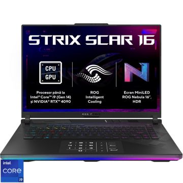 Laptop ASUS Gaming 16'' ROG Strix SCAR 16 G634JYR, QHD+ Mini LED 240Hz G-Sync, Procesor Intel® Core™ i9 14900HX (36M Cache, up to 5.80 GHz), 64GB DDR5, 2TB SSD, GeForce RTX 4090 16GB, No OS, Off Black