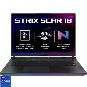 Laptop ASUS Gaming 18'' ROG Strix SCAR 18 G834JYR, 2.5K Mini LED 240Hz G-Sync, Procesor Intel® Core™ i9 14900HX (36M Cache, up to 5.80 GHz), 32GB DDR5, 2x 1TB SSD, GeForce RTX 4090 16GB, No OS, Off Black