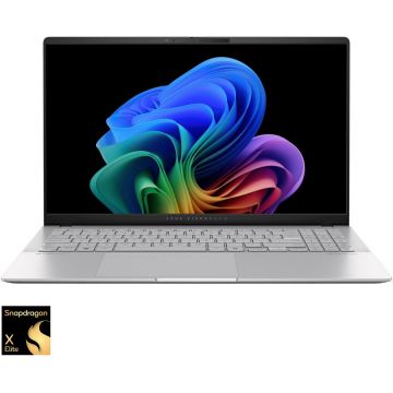 Asus Laptop ASUS 15.6'' Vivobook S 15 OLED S5507QA, 3K 120Hz, Procesor Qualcomm Snapdragon X Elite X1E-78-100, 32GB LPDDR5X, 1TB SSD, Qualcomm Adreno, Win 11 Pro, Argintiu