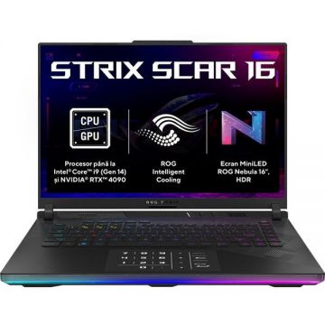 Asus Laptop ASUS Gaming 16'' ROG Strix SCAR 16 G634JYR, QHD+ Mini LED 240Hz G-Sync, Procesor Intel® Core™ i9 14900HX (36M Cache, up to 5.80 GHz), 64GB DDR5, 2TB SSD, GeForce RTX 4090 16GB, No OS, Negru