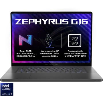 Asus Laptop ASUS Gaming 16'' ROG Zephyrus G16 OLED GU605MY, 2.5K 240Hz G-Sync, Procesor Intel® Core™ Ultra 9 185H (24M Cache, up to 5.10 GHz), 32GB LPDDR5X, 2TB SSD, GeForce RTX 4090 16GB, No OS, Gri