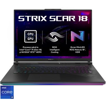 Asus Laptop ASUS Gaming 18'' ROG Strix SCAR 18 G834JYR, 2.5K Mini LED 240Hz G-Sync, Procesor Intel® Core™ i9 14900HX (36M Cache, up to 5.80 GHz), 32GB DDR5, 2x 1TB SSD, GeForce RTX 4090 16GB, No OS, Negru