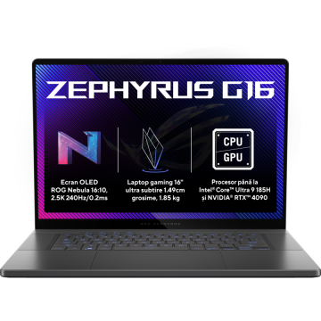 Laptop ROG Zephyrus G16 GU605MY Intel Core Ultra 9 185H 16inch 2.5K 240Hz OLED 32GB 2TB PCIe 4.0 NVMe SSD RTX4090 16GB Windows 11 Pro Gri