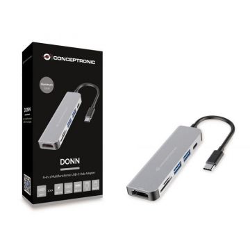 CONCEPTRONIC DONN02G 6-in-1 USB 3.2 Gen 1 Docking Station, USB 3.0 x 2, 60W USB PD, HDTV, SD, TF/MicroSD, 35.8 x 120 x 15 mm