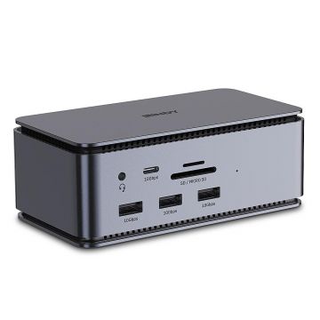 Docking station Lindy, interfete: USB-C la 6x USB-A/ 1x USB-C/1x RJ45/ 1x DisplayPort/1x HDMI/ 1x SD & 1x Micro SD/ 1x 3,5 mm/ 1x USB-C PD(power delivery), latime de banda 10Gbps, 10/100/1000 Mbps, rezolutie maxima (intrare) 7680x4320@60Hz, rezolutie