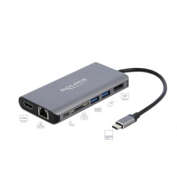 Delock Docking Station USB-C la HDMI 4K, Displayport, 2 x USB 3.0, SD slot, Gigabit LAN, PD 3.0, Delock 87683 Delock Docking Station USB-C la HDMI 4K, Displayport, 2 x USB 3.0, SD slot, Gigabit LAN, PD 3.0, Delock 87683